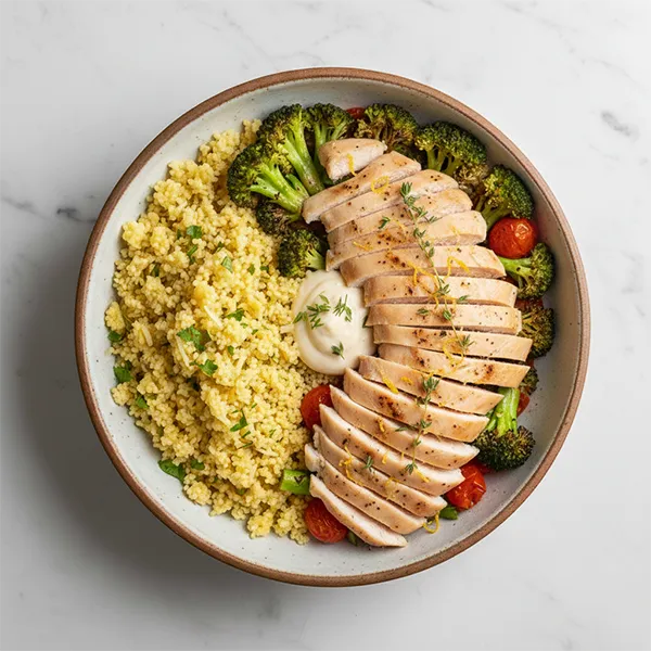 Lemon Thyme Roast Chicken with Couscous & Roasted Veg